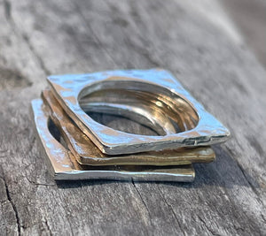 Mixed Metal Set of Three Square Hammered Stacking Rings