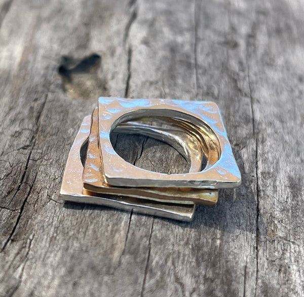 Mixed Metal Set of Three Square Hammered Stacking Rings