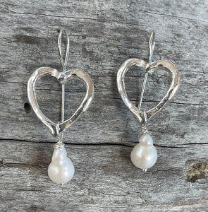 Sterling Silver Heart Earrings with Baroque Pearls