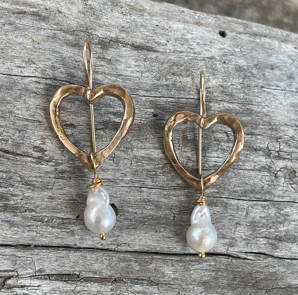 Bronze Heart Earrings with 14K GF Ear Wire and Baroque Pearls