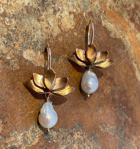 Sterling Silver Lotus Earrings with Baroque Pearl Drop