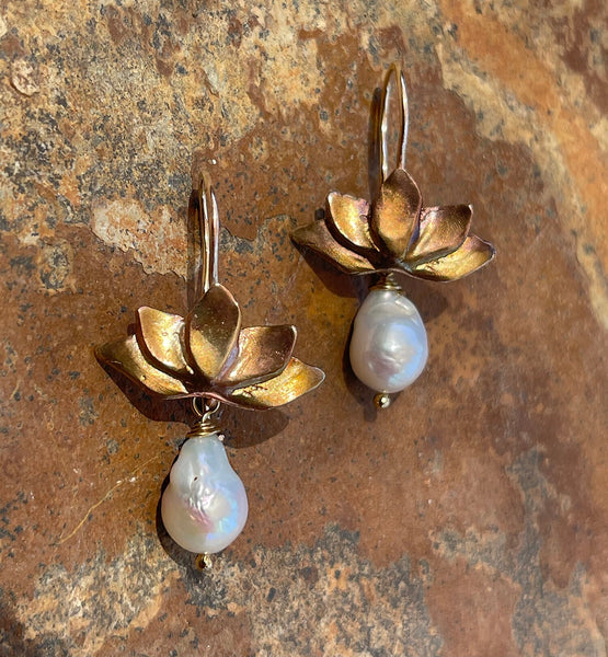 Bronze Lotus Earrings with 14K GF Ear Wire and Baroque Pearl Drop