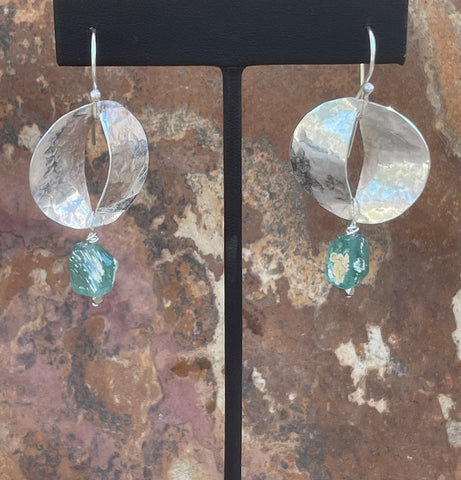 Sterling Silver Hammered and Split Circle Earrings with Roman Glass Drop