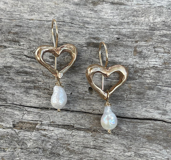 Bronze Heart Earrings with 14K GF Ear Wire and Baroque Pearls
