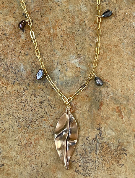 Bronze Organic Folded Leaf Necklace on 14k GF Paper Clip Chain
