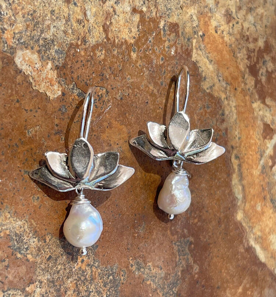 Bronze Lotus Earrings with 14K GF Ear Wire and Baroque Pearl Drop