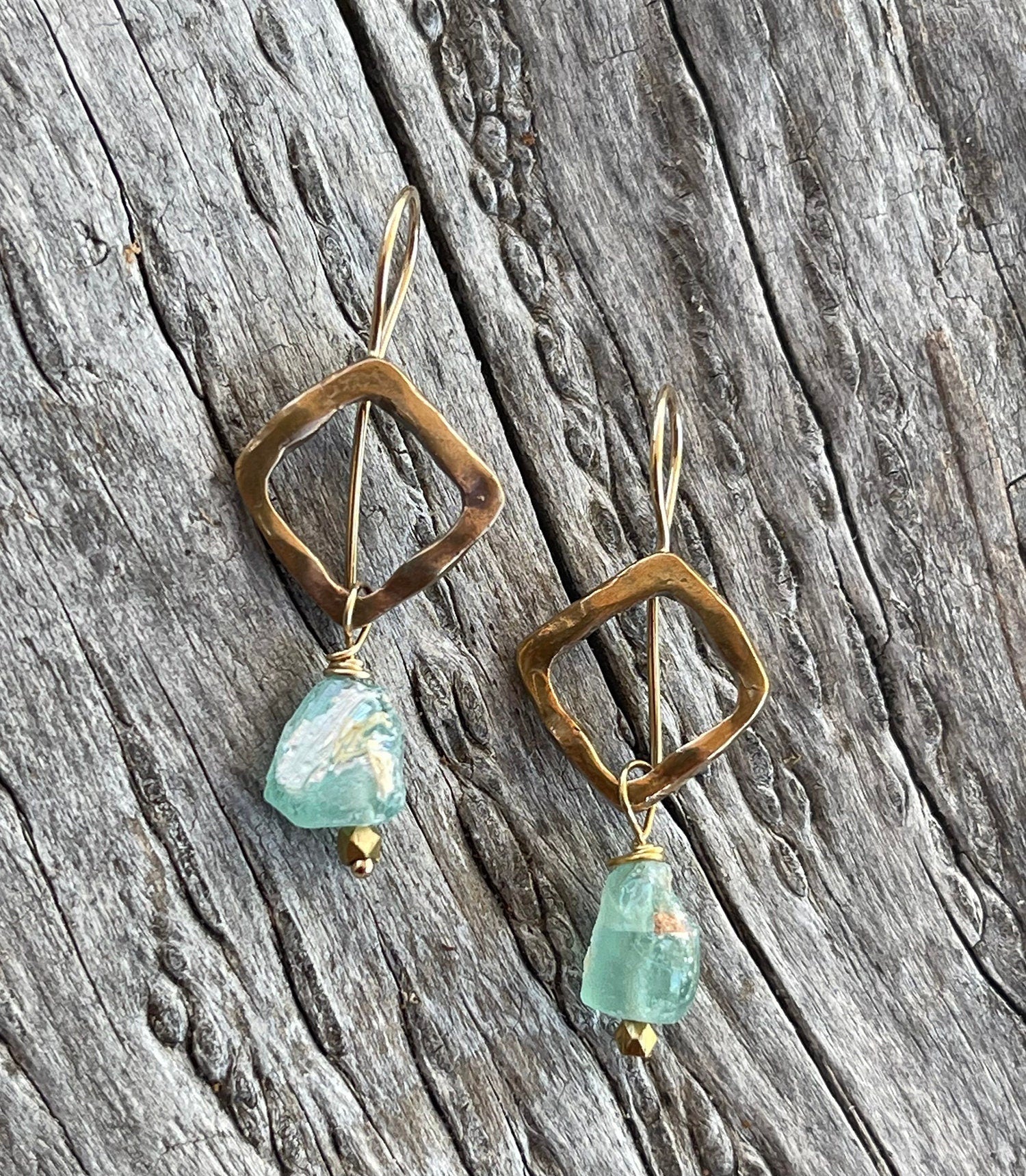 Bronze Organic Square Earrings with 14K GF Ear Wire Roman Glass Drop