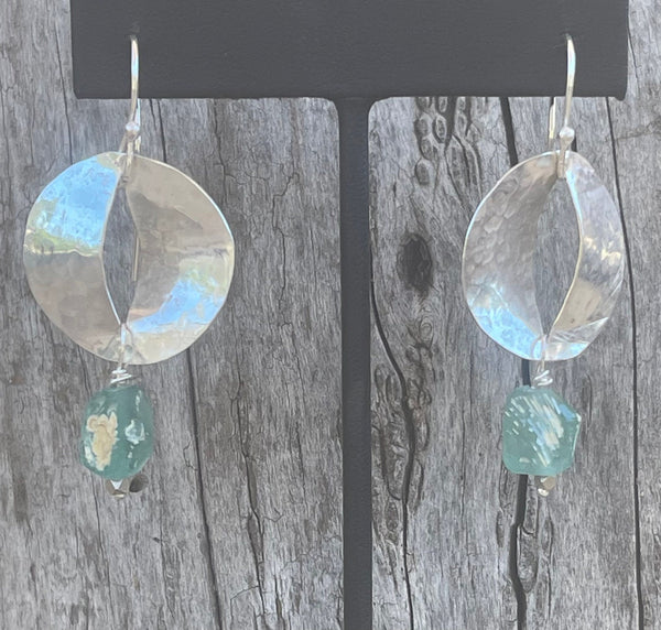 Sterling Silver Hammered and Split Circle Earrings with Roman Glass Drop