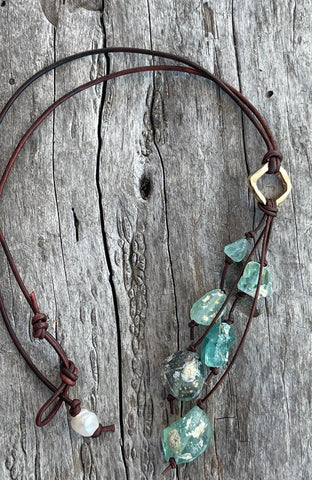 Handmade Organic Bronze Diamond Leather Adjustable Lariat Necklace with Variegated Roman Glass