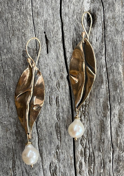 Handmade Bronze Organic Leaf Earrings with Flame Ball Pearl Drop