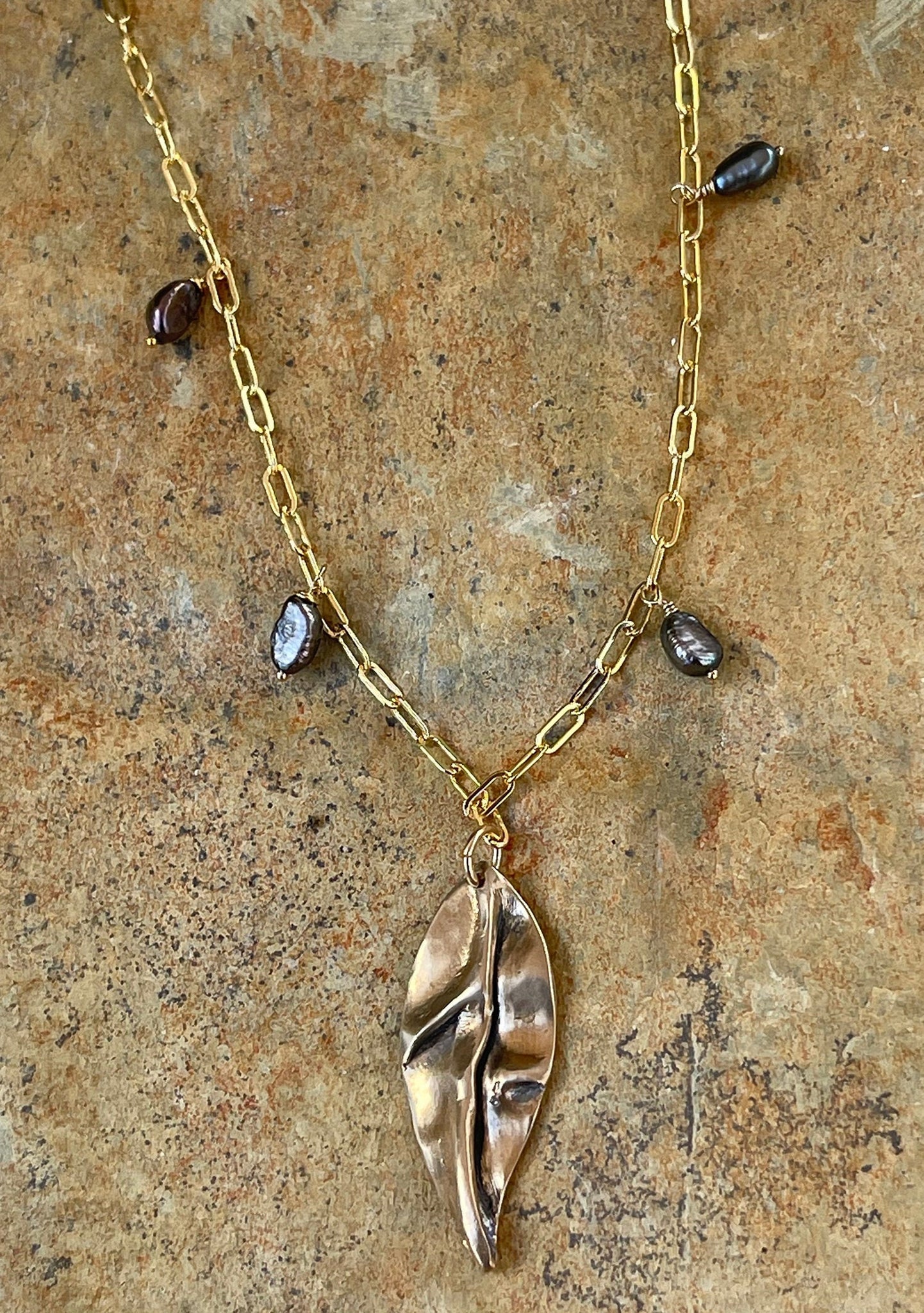 Bronze Organic Folded Leaf Necklace on 14k GF Paper Clip Chain