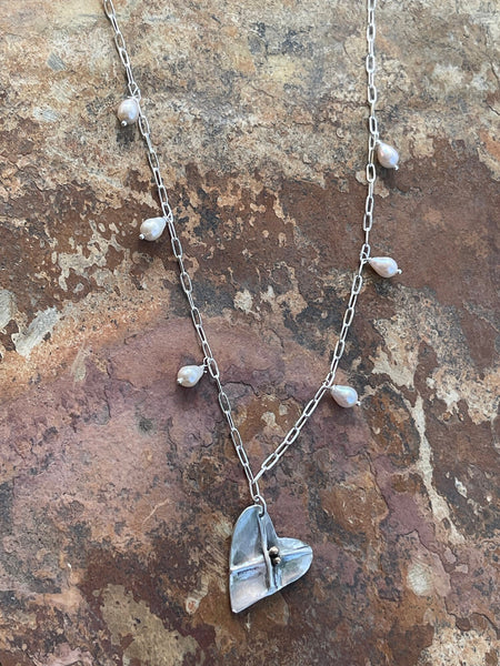 Sterling Silver Organic Two Peas in a Pod Heart Necklace on Sterling Silver Paper Clip Chain