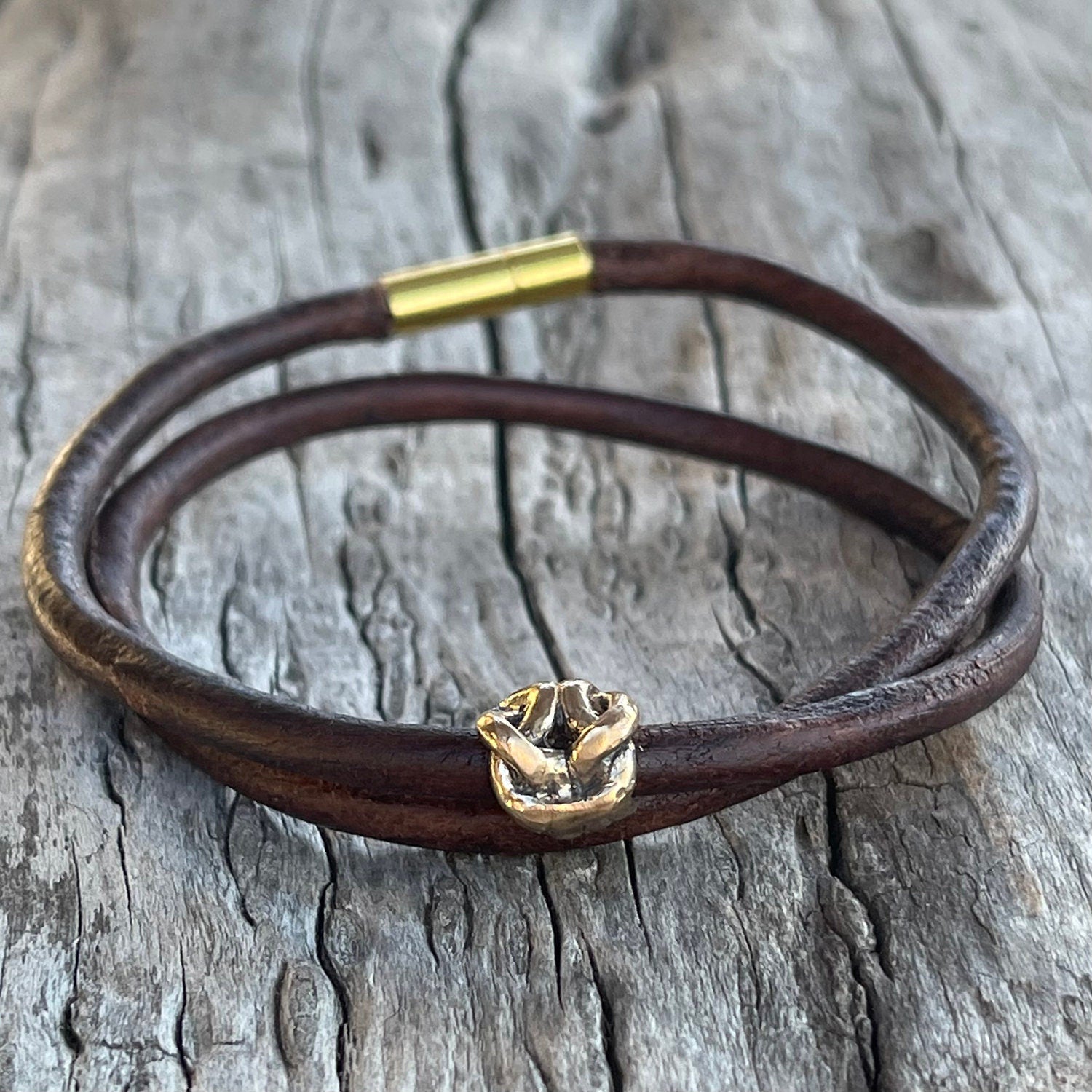 Handmade Bronze Knot Double Wrap 4MM Leather Bracelet with Magnetic Closure