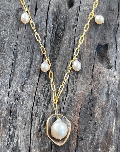 Sterling Silver Pearl in a Pod on Paper Clip Chain with Baroque Pearls