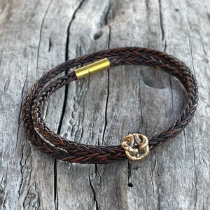 Handmade Bronze Knot Double Wrap 4MM Braided Leather Bracelet with Magnetic Closure