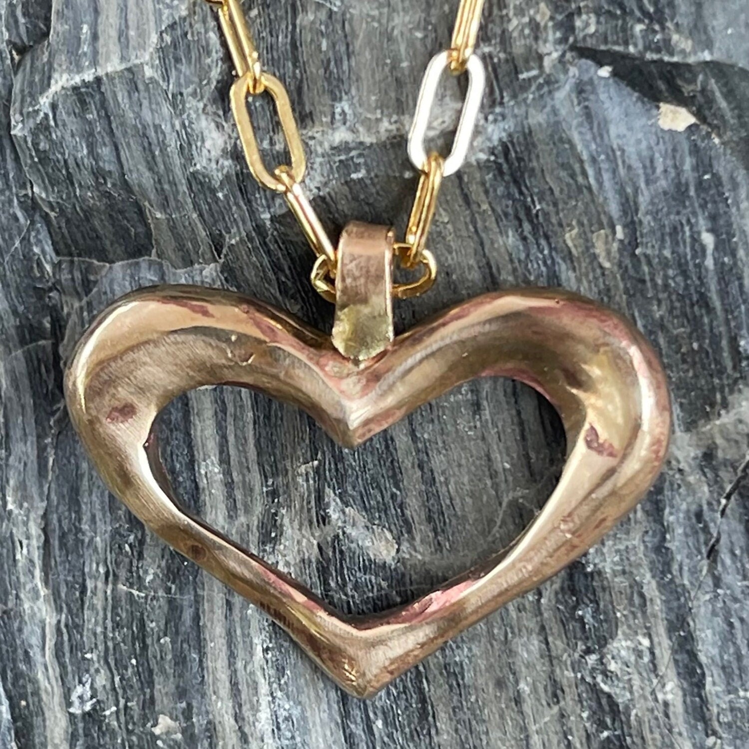 Bronze Large Organic Heart Pendant on 14K GF Paper Clip Chain