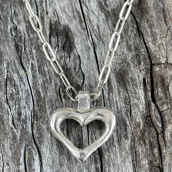 Sterling Silver Organic Heart Pendant on Sterling Silver Paper Clip Chain