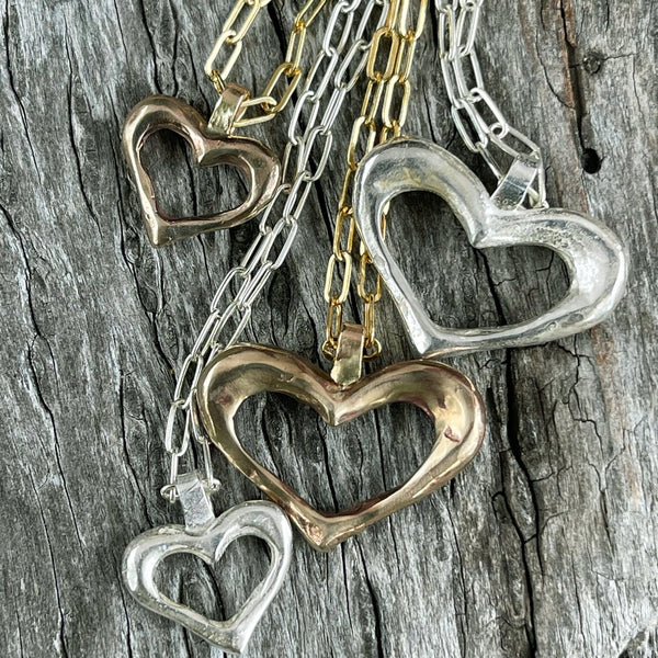 Sterling Silver Large Organic Heart Pendant on Sterling Silver Paper Clip Chain