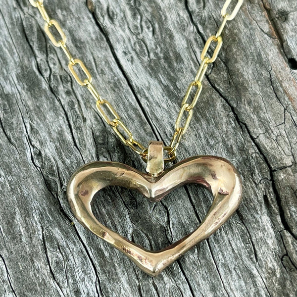 Bronze Large Organic Heart Pendant on 14K GF Paper Clip Chain