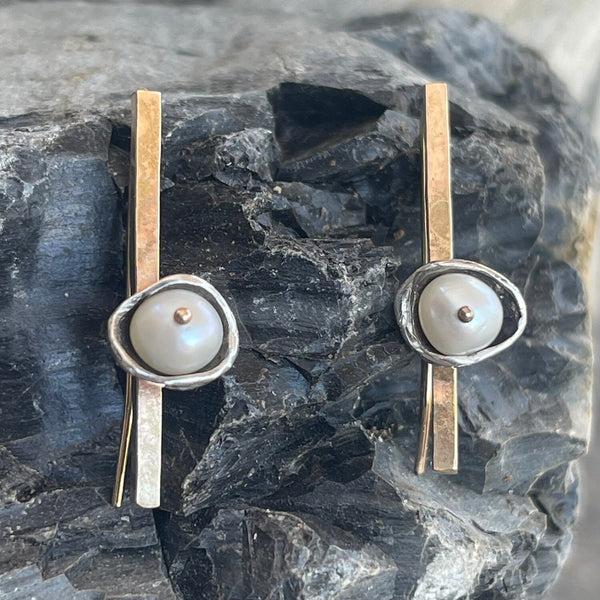 Mixed Metal Square Gold Filled Bar Earrings with Sterling Silver Pod and a Pearl