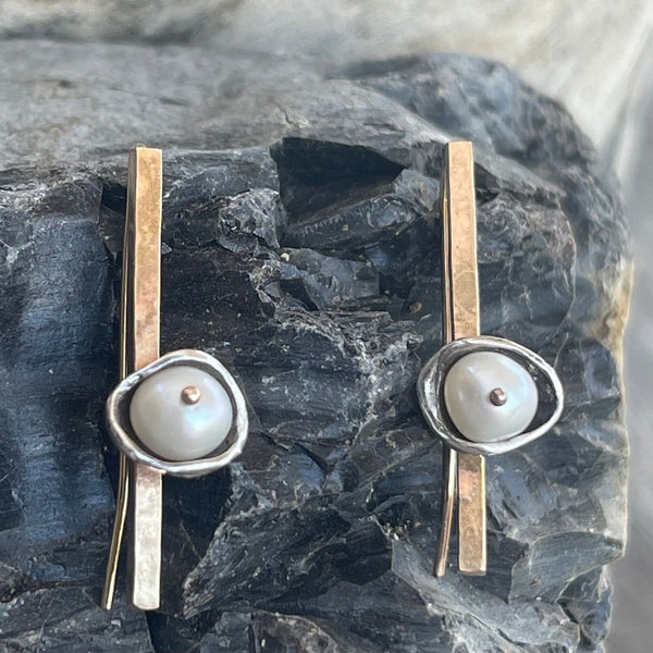 Mixed Metal Square Gold Filled Bar Earrings with Sterling Silver Pod and a Pearl