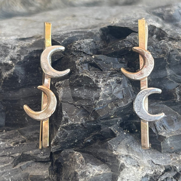 Square Gold Filled Bar Earrings with Bronze and Silver Moons