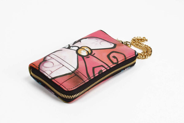 Leather Hand Wallet Butterfly Graffiti Print Zip Around with Wristlet Chain