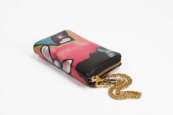 Leather Hand Wallet Butterfly Graffiti Print Zip Around with Wristlet Chain