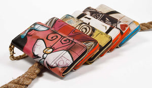 Leather Wallet Butterfly Graffiti Print Zip Around with Chain Wristlet