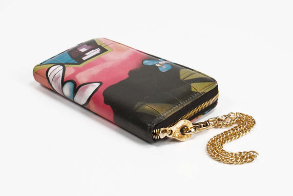 Leather Wallet Butterfly Graffiti Print Zip Around with Chain Wristlet