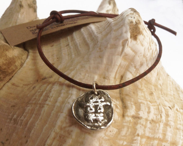 Handmade Sterling Silver Double Happiness Charm Adjustable Leather Bracelet