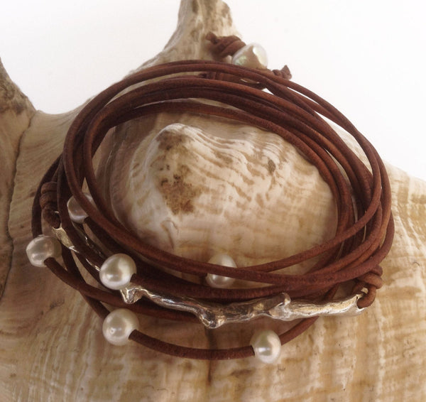 Hand Made Cast Bronze Coral Branch Wrap Antique Brown Leather Bracelet with six 5mm Pearls and Pearl Closure