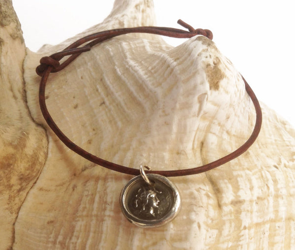 Handmade Sterling Silver Medusa Charm Adjustable Leather Bracelet