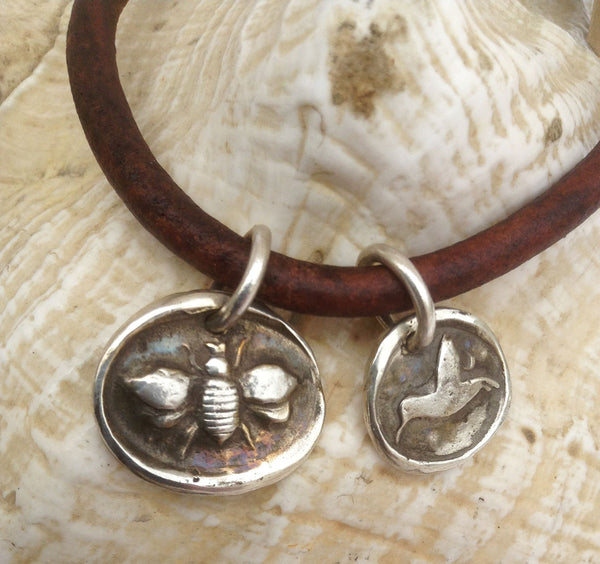 Handmade Sterling Silver Bee & Hummingbird Charms 4MM Leather Bracelet with Magnetic Closure