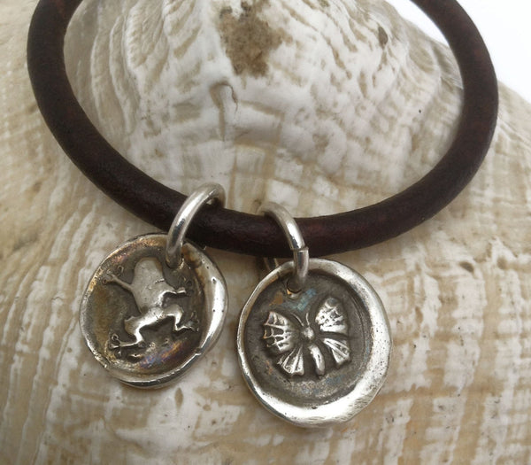 Handmade Sterling Silver Frog & Butterfly Charms 4MM Leather Bracelet with Magnetic Closure