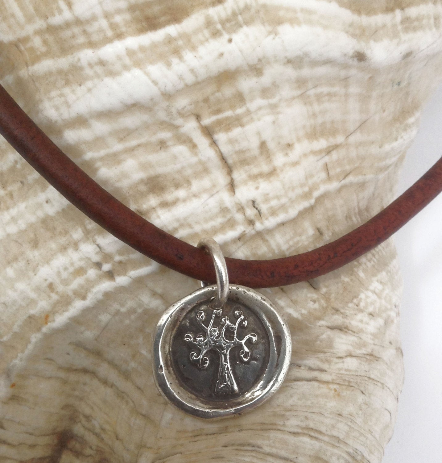 Handmade Sterling Silver Tree of Life Symbol Charm Necklace 4MM Leather with Magnetic Closure