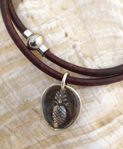 Handmade Sterling Silver Pineapple Charm Double Wrap 3MM Leather Bracelet with Magnetic Closure