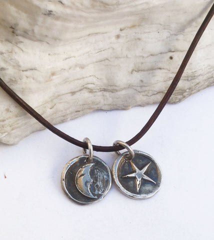 Handmade Sterling Silver Crescent Moon & Star 1.5MM Leather Charm Necklace with Fresh Water Pearl Closure