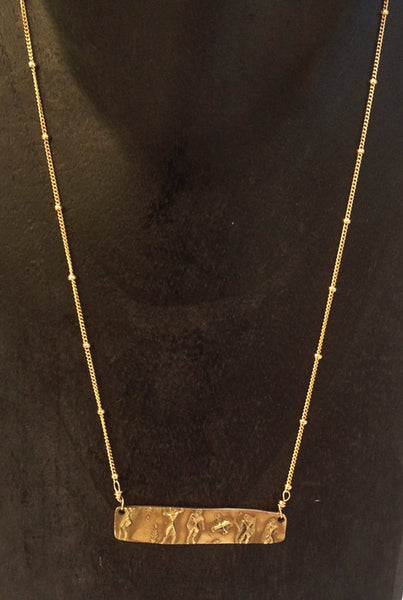 Handmade Bronze Ancient People Bar Necklace on Gold Fill Saturn Chain