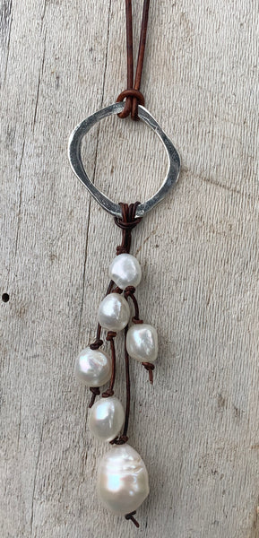 Handmade Sterling Silver Organic Circle Leather Adjustable Long Lariat Necklace with Freshwater Pearl Cluster