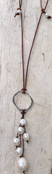 Handmade Sterling Silver Organic Circle Leather Adjustable Long Lariat Necklace with Freshwater Pearl Cluster